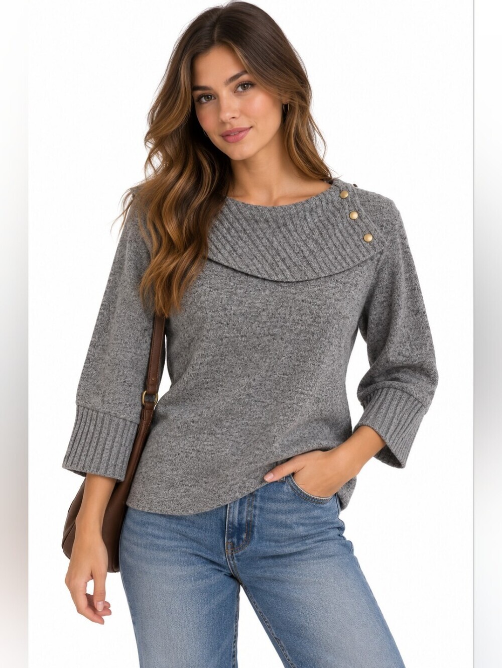 Women's Adrienne Vittadini Cowl-Neck Sweater Size S Gray/Tan